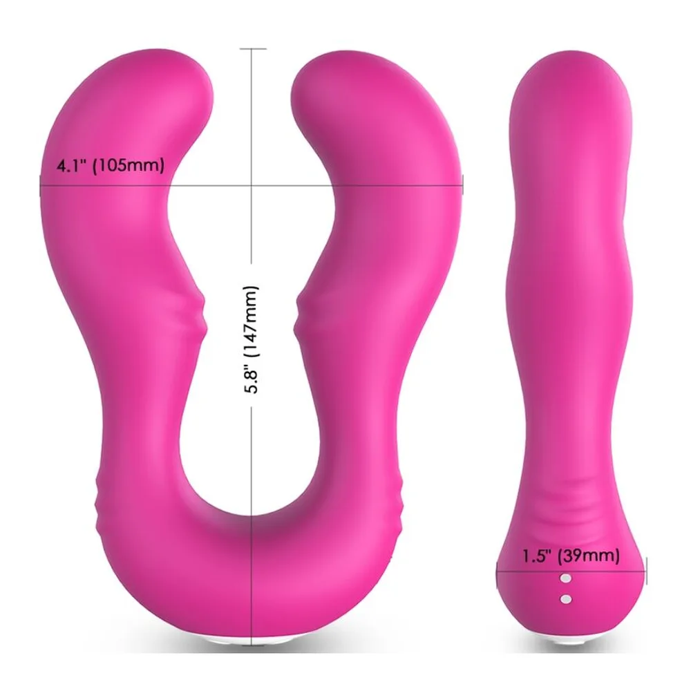 Vibrateur rose bonbon en silicone en forme de U large avec deux pointes arrondies, présenté avec son emballage blanc et sa télécommande sans fil