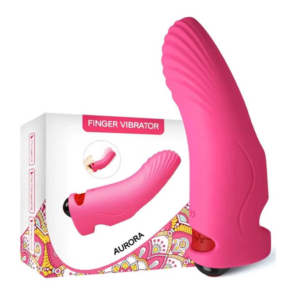 Schéma de dimensions montrant deux vibromasseurs : à gauche, manchon rose fuchsia doigt 62mm de large et 118mm de haut avec surface nervurée ; à droite, vibrateur noir 20mm de diamètre et 94mm de hauteur avec bande décorative rouge