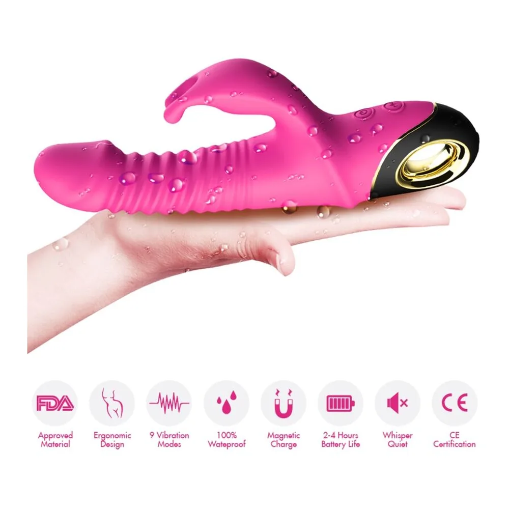 Vibromasseur rabbit rose fuchsia avec billes texturées et oreilles, reposant sur une main, déperlant l'eau. Bloc noir avec moteur doré visible. Logos de certification en bas