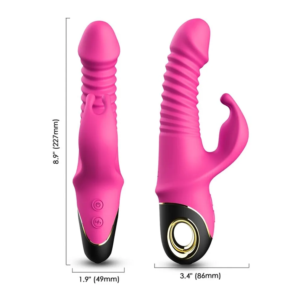 Vibromasseur rabbit rose fuchsia avec billes texturées et oreilles, reposant sur une main, déperlant l'eau. Bloc noir avec moteur doré visible. Logos de certification en bas