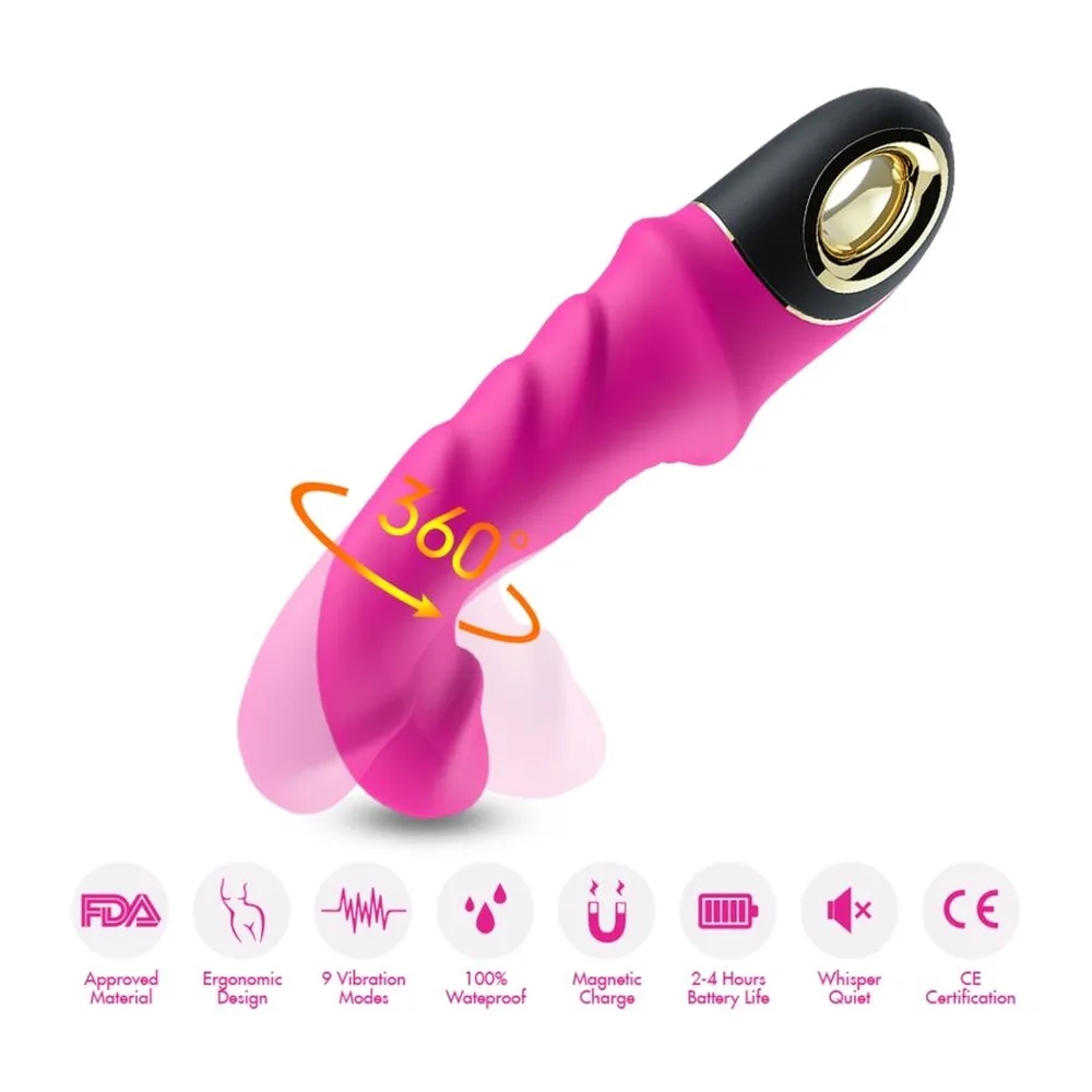 Vibromasseur rose vif en silicone avec tête ergonomique ondulée, moteur à base noire et dorée, présenté avec son emballage blanc et boîte colorée sur fond blanc