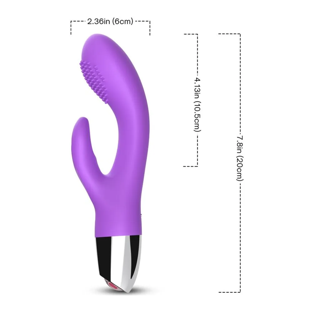 Vibromasseur rabbit violet avec bras clitoridien à picots, corps courbé et embout arrondi, présenté avec son emballage rose pâle