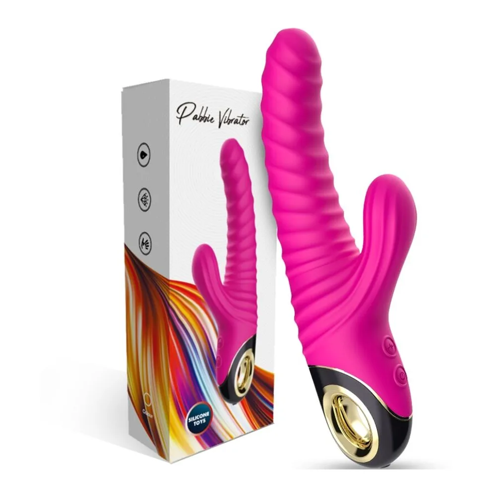 Vibrateur Eternity avec branche clitoridienne et perles texturées, en silicone rose fuchsia et mauve, base noire avec anneau doré, deux exemplaires côte à côte sur fond blanc