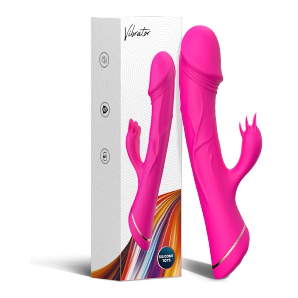 Schéma de dimensions d'un vibromasseur rabbit en silicone rose vif, montrant la vue de face avec tige lisse et balle de stimulation, et la vue de profil avec bras courbe, hauteur 20,5 cm, largeur 6,2 cm