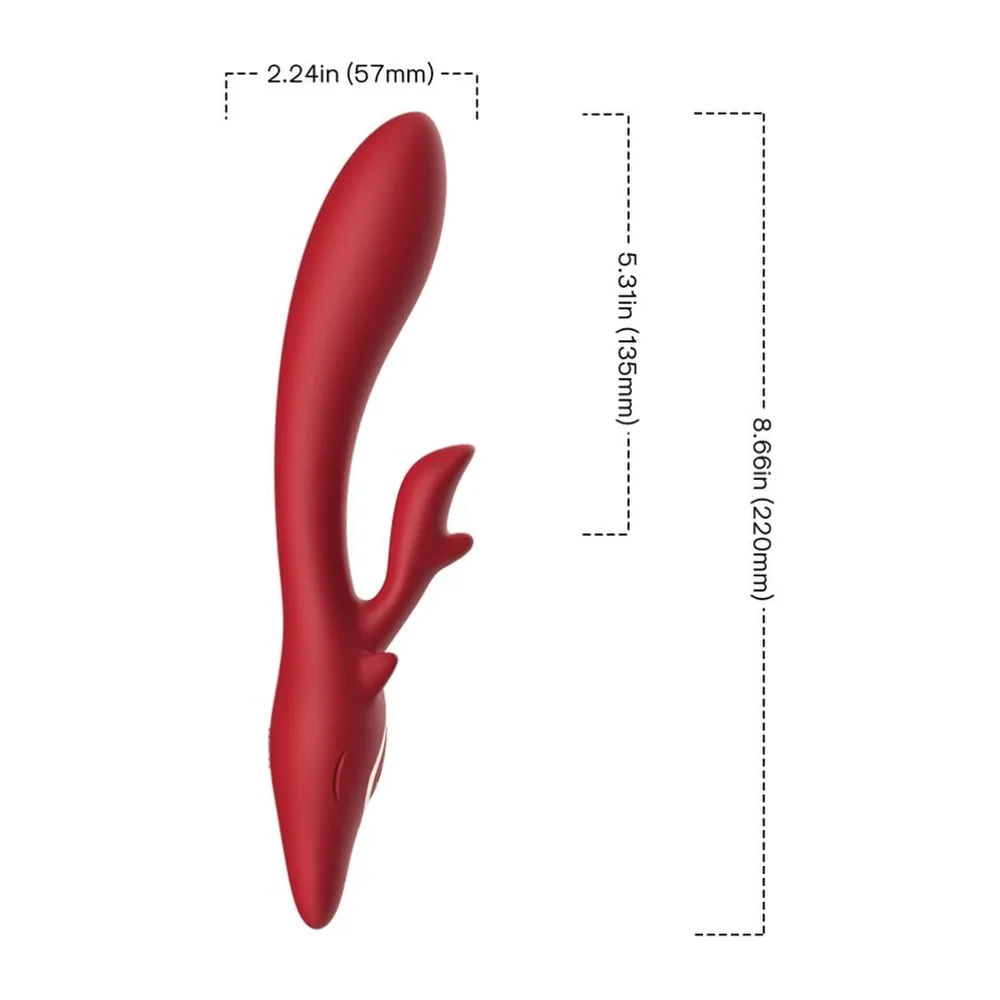 Vibrateur rabbit en silicone avec deux branches courbes, l'une rouge avec détail doré et l'autre blanche, présenté de profil sur fond blanc