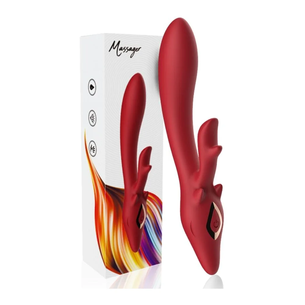 Vibrateur rabbit silicone rouge et blanc, rechargeable et étanche, autre vue 3
