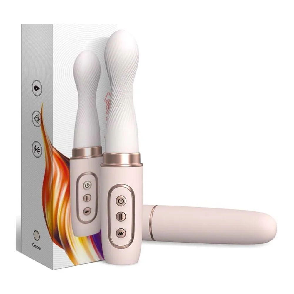 Vibromasseur rotateur blanc et rose poudré avec tête télescopique, sous projection d'eau, fond blanc. Logo étanchéité bleu en bas à gauche