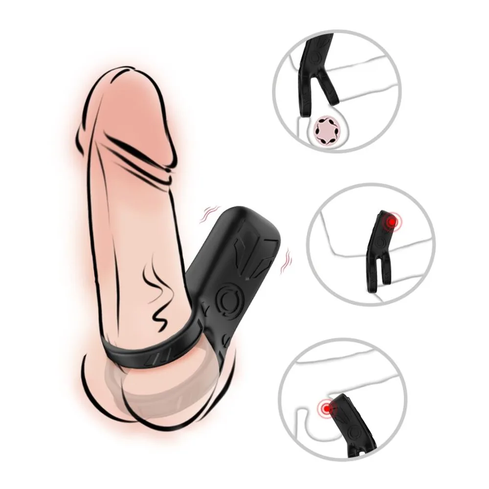 Vibromasseur double anneau noir avec anneau de serrage, montré sur illustration anatomique et trois détails d'utilisation sur fond blanc