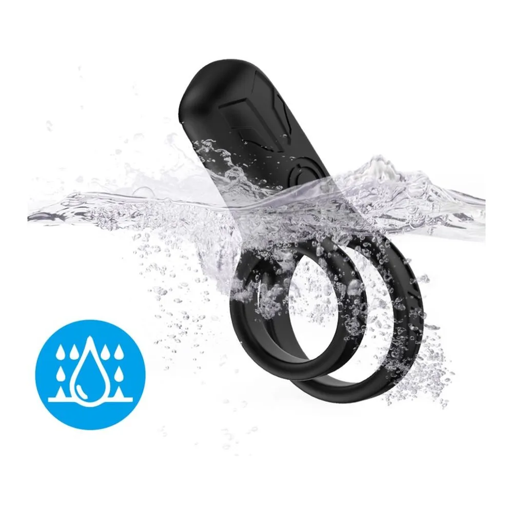 Vibromasseur double anneau noir avec anneau de serrage, montré sur illustration anatomique et trois détails d'utilisation sur fond blanc