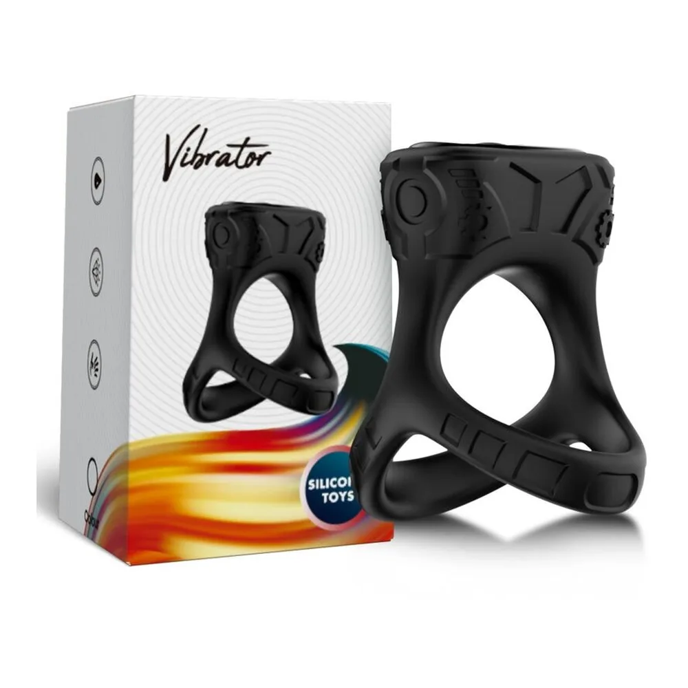 Anneau vibrateur noir en silicone, traversé par un jet d'eau, montrant sa structure ergonomique avec zone de commande, symbole bleu waterproof en bas à gauche