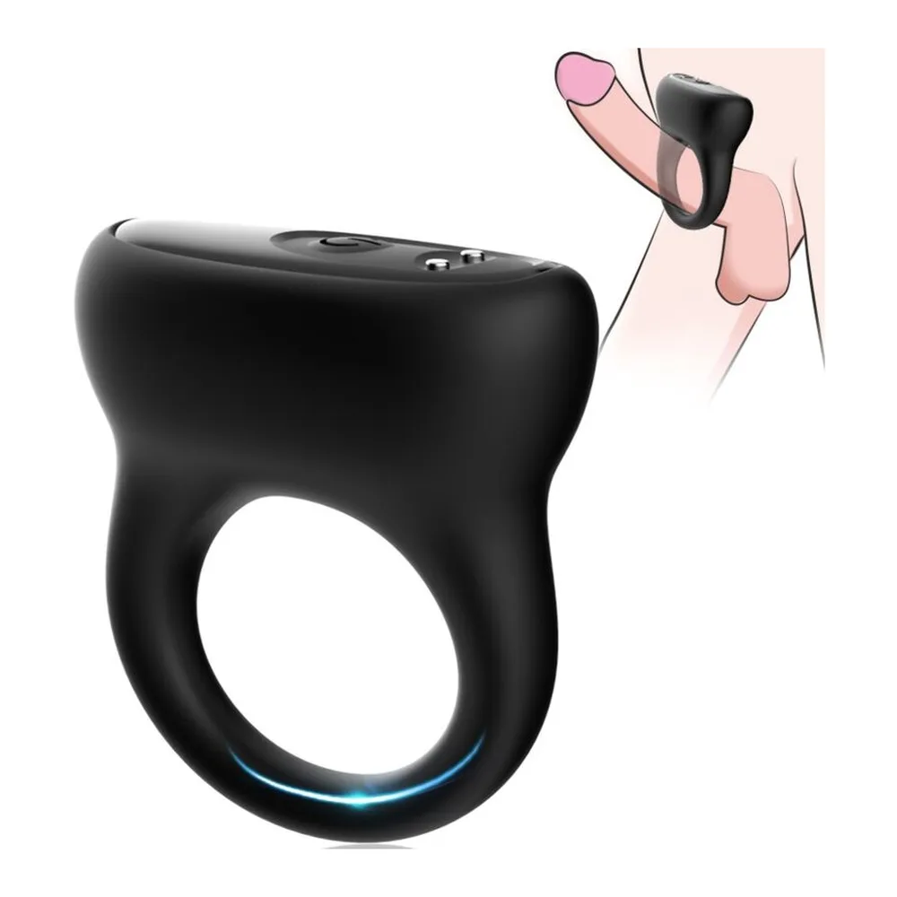 Anneau vibrant noir en silicone avec bande lumineuse bleue, montrant le stimulateur rose en détail sur schéma d'utilisation