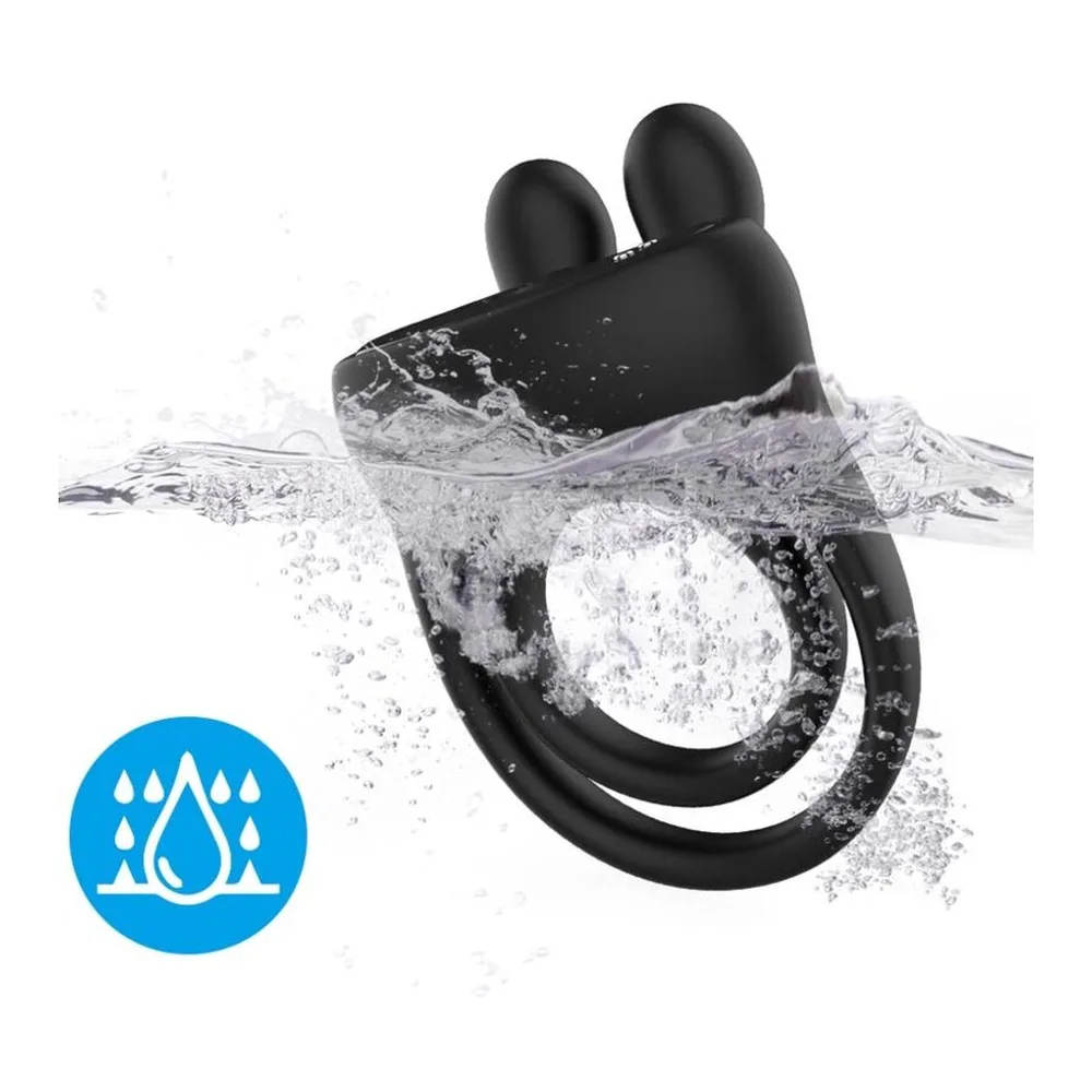 Cockring noir en silicone avec stimulateur lapin aux oreilles arrondies, à côté de son emballage blanc avec graphiques de chaleur en dégradé orange et rouge