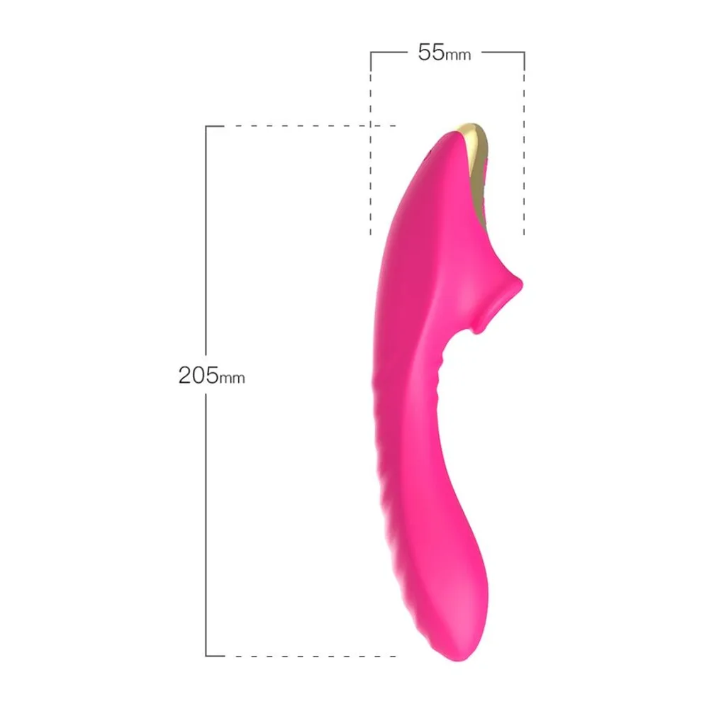 Schéma de dimensions d'un stimulateur clitoridien courbé rose vif et or, 205 mm de hauteur et 55 mm de largeur