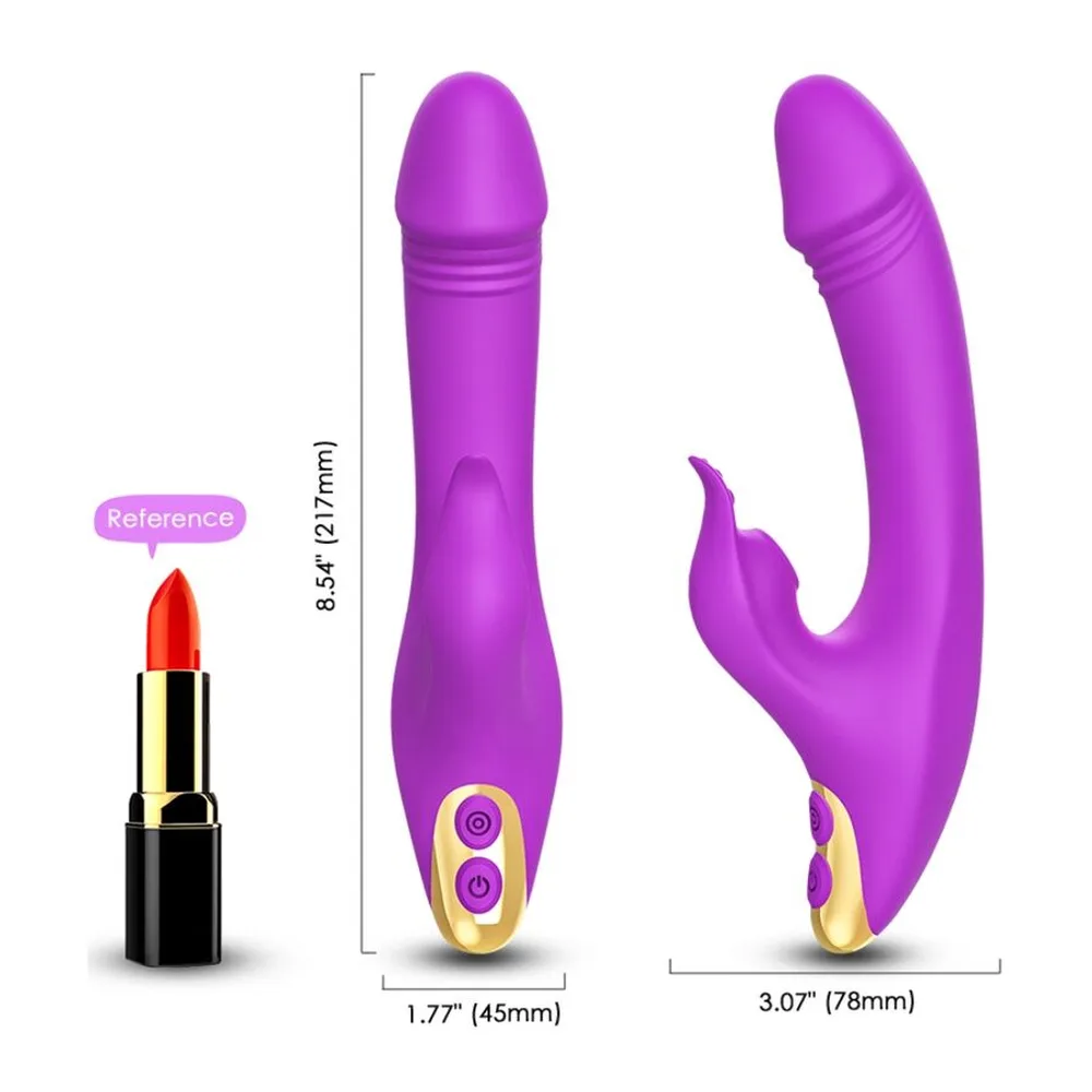 Stimulateur clitoridien violet en silicone, tige lisse et bras courbé avec zone d'aspiration, commandes dorées, schéma de dimensions indiquant 8,54 cm de hauteur