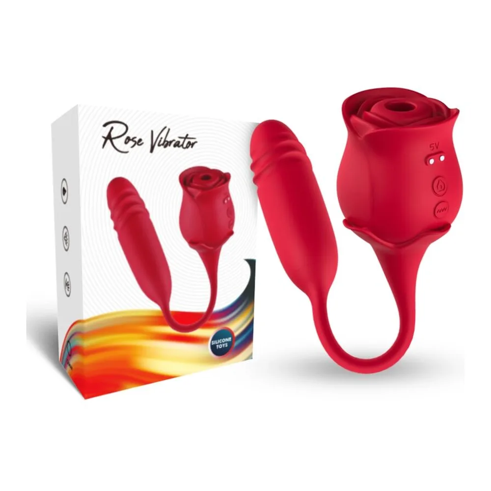 Emballage et contenu du stimulateur clitoridien Rose Vibrator rouge : tête en forme de rose, œuf vibrant et cordon souple, avec boîte blanche affichant les trois accessoires