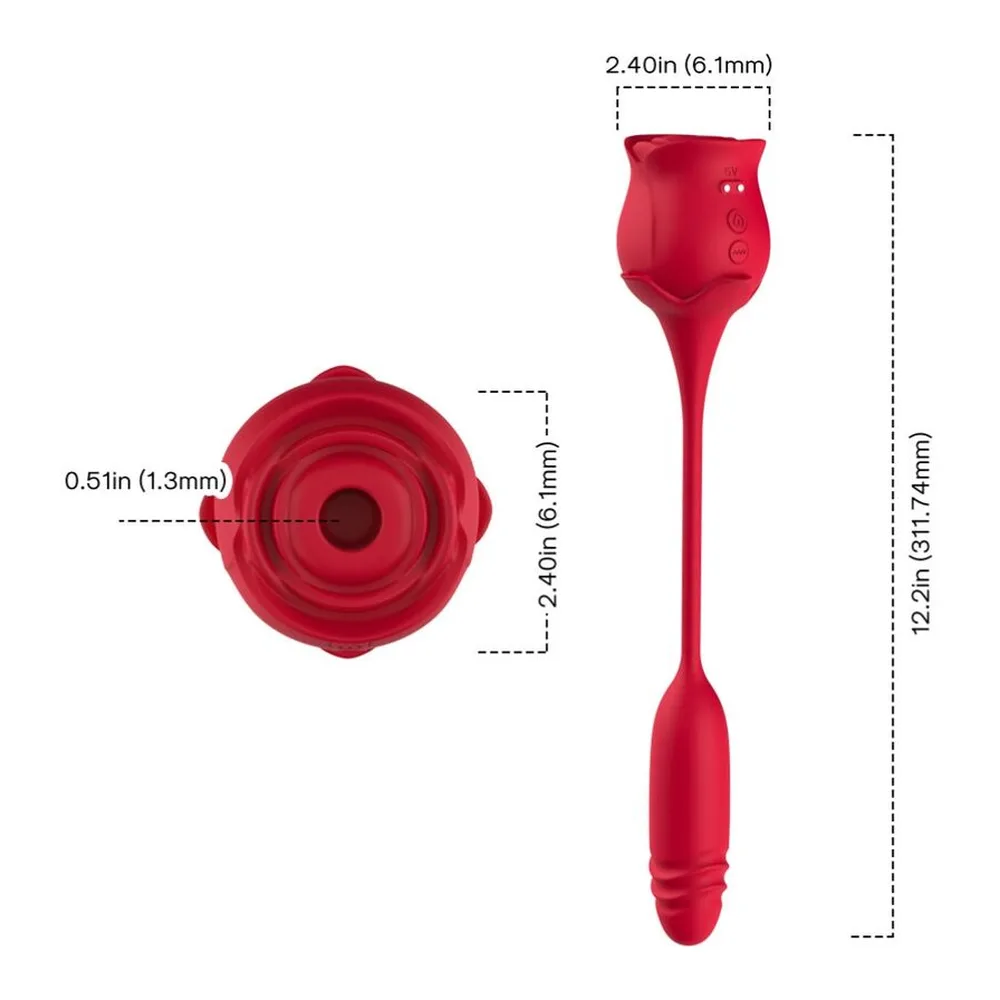 Emballage et contenu du stimulateur clitoridien Rose Vibrator rouge : tête en forme de rose, œuf vibrant et cordon souple, avec boîte blanche affichant les trois accessoires
