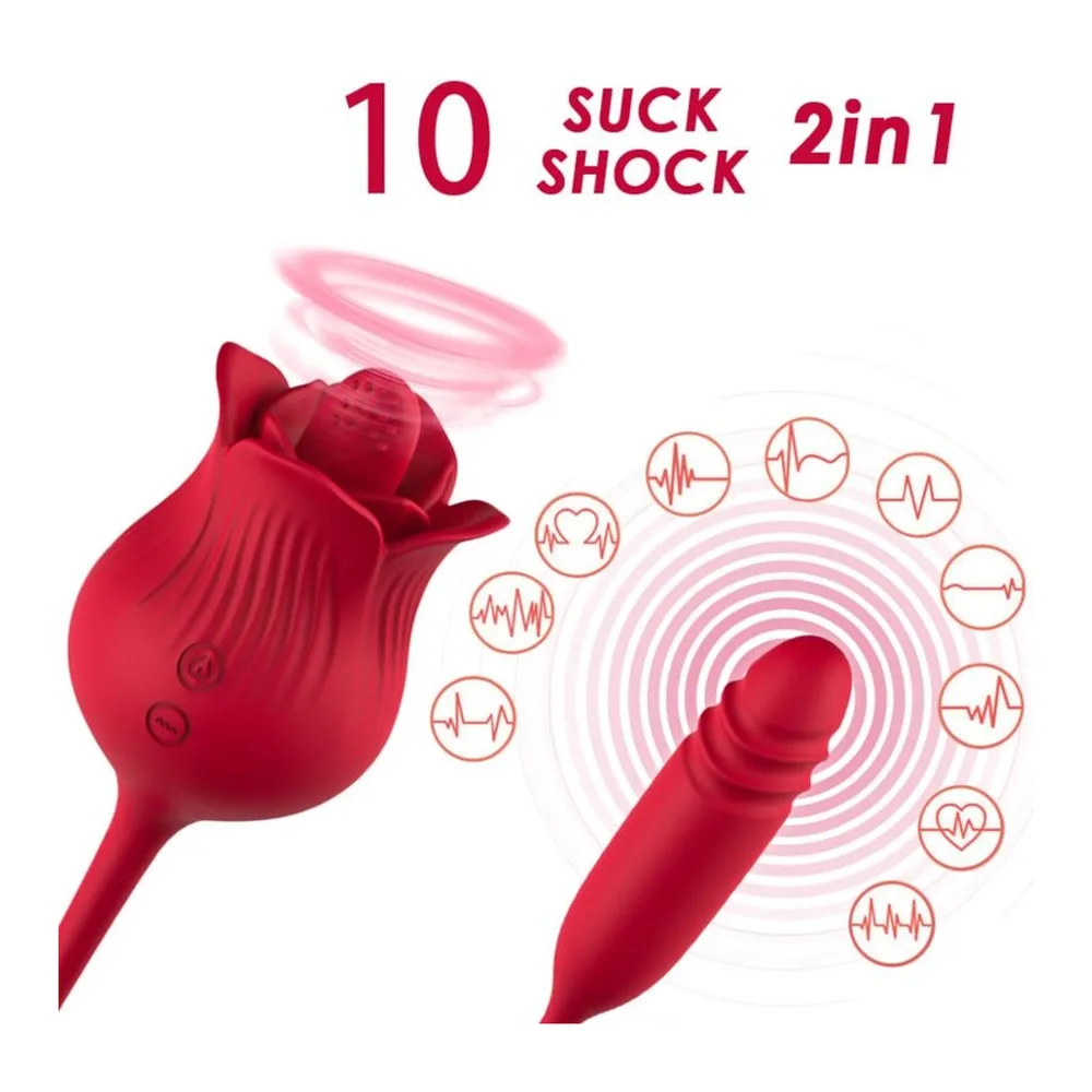Stimulateur clitoridien rouge en forme de rose avec tête pulsante, relié par un cordon à un œuf vibrant rouge, présentés avec éclaboussures d'eau et logo 100% étanche