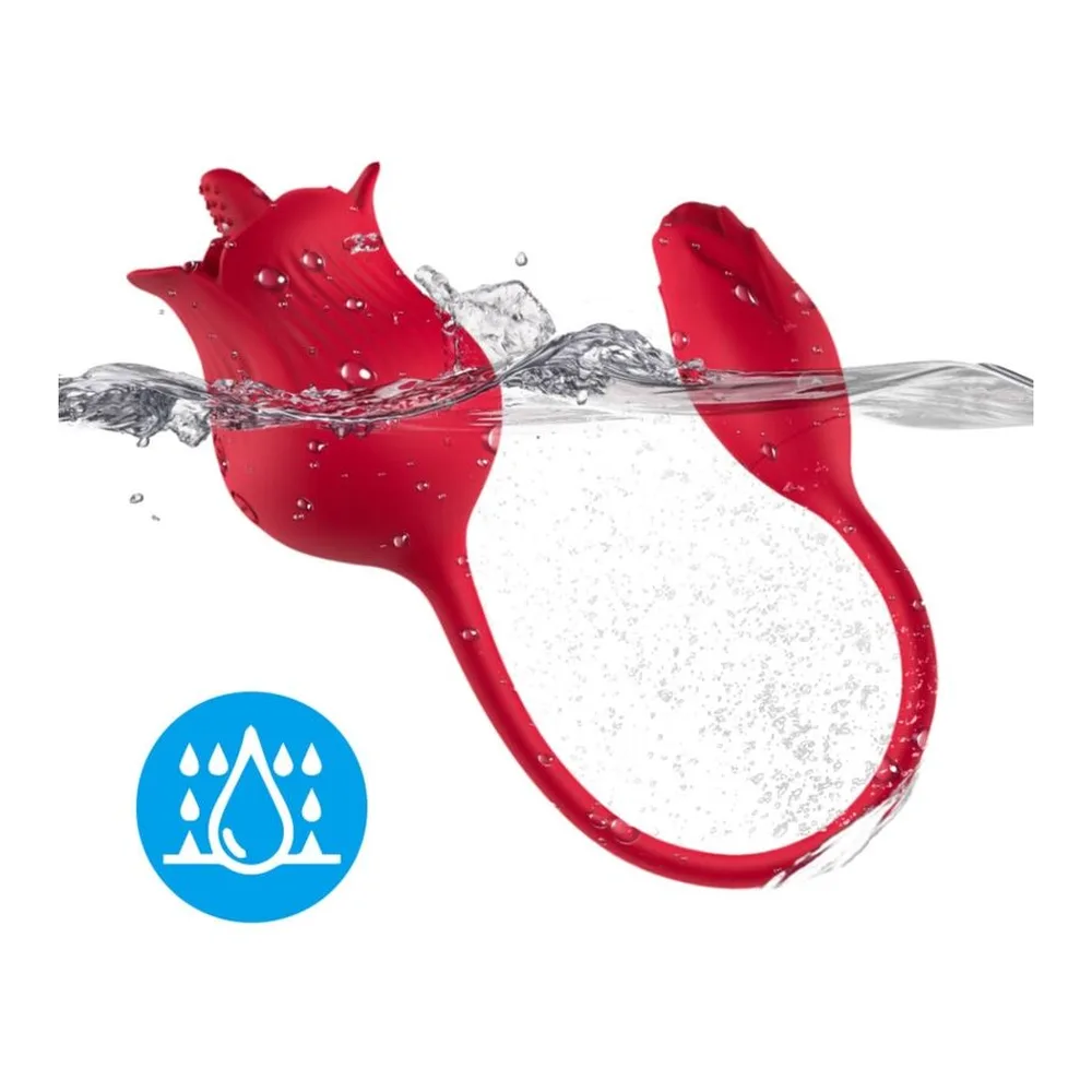 Emballage blanc et vibromasseur rose en silicone en forme de rose avec tête évasée et queue courbée terminée par un bulbe de commande, fond blanc