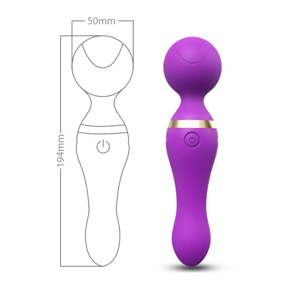 Vibromasseur violet et noir avec tête sphérique flexible, anneau métallique, bouton de commande, présenté avec son emballage blanc et orange