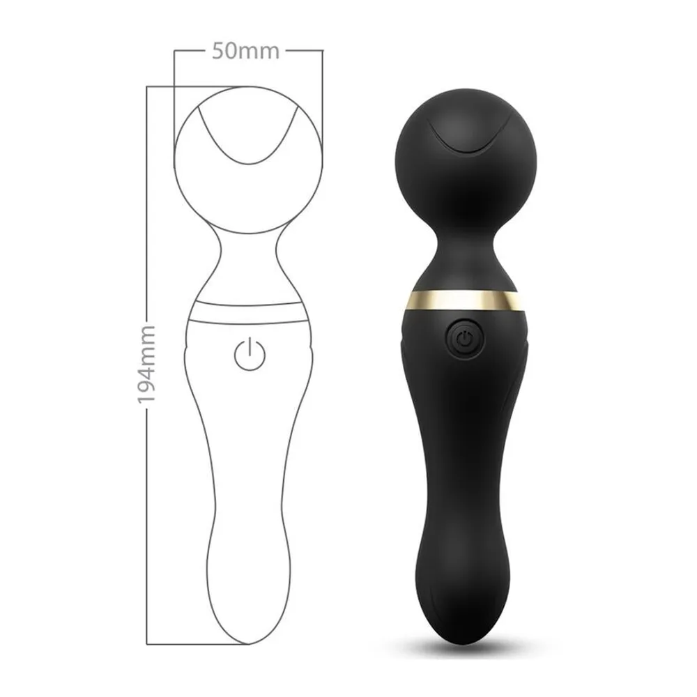 Vibromasseur violet et noir avec tête sphérique flexible, anneau métallique, bouton de commande, présenté avec son emballage blanc et orange