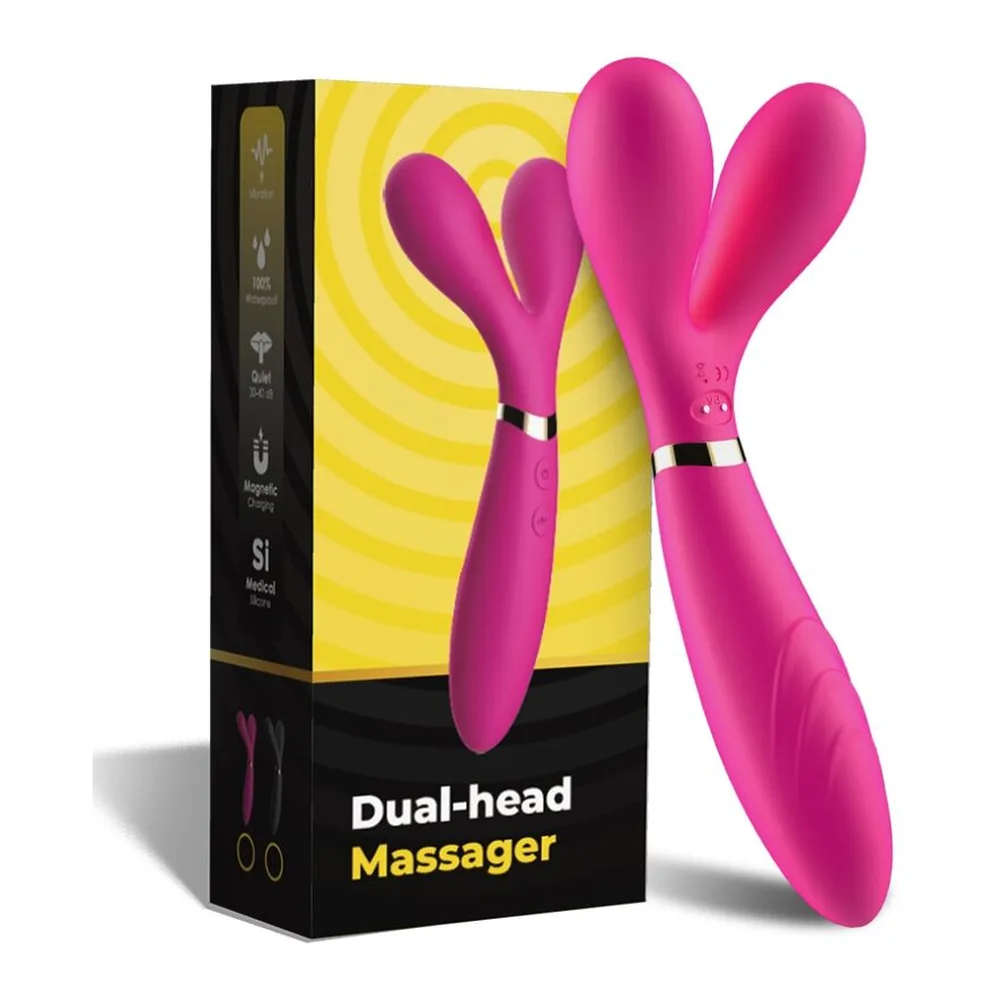 Deux wands vibrants affichés côte à côte : l'un rose vif avec tête en forme de cœur, l'autre noir avec tête bifide en Y, tous deux dotés d'une bande dorée et de commandes visibles