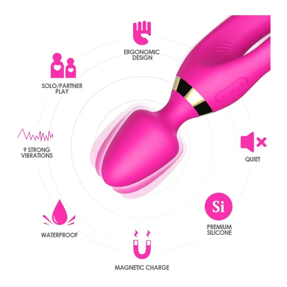 Schéma de dimensions d'un masseur vibrateur rabbit en silicone violet, avec col flexible et tête bulbeuse, montrant deux vues et les mesures exactes