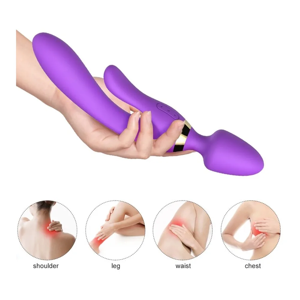 Schéma de dimensions d'un masseur vibrateur rabbit en silicone violet, avec col flexible et tête bulbeuse, montrant deux vues et les mesures exactes
