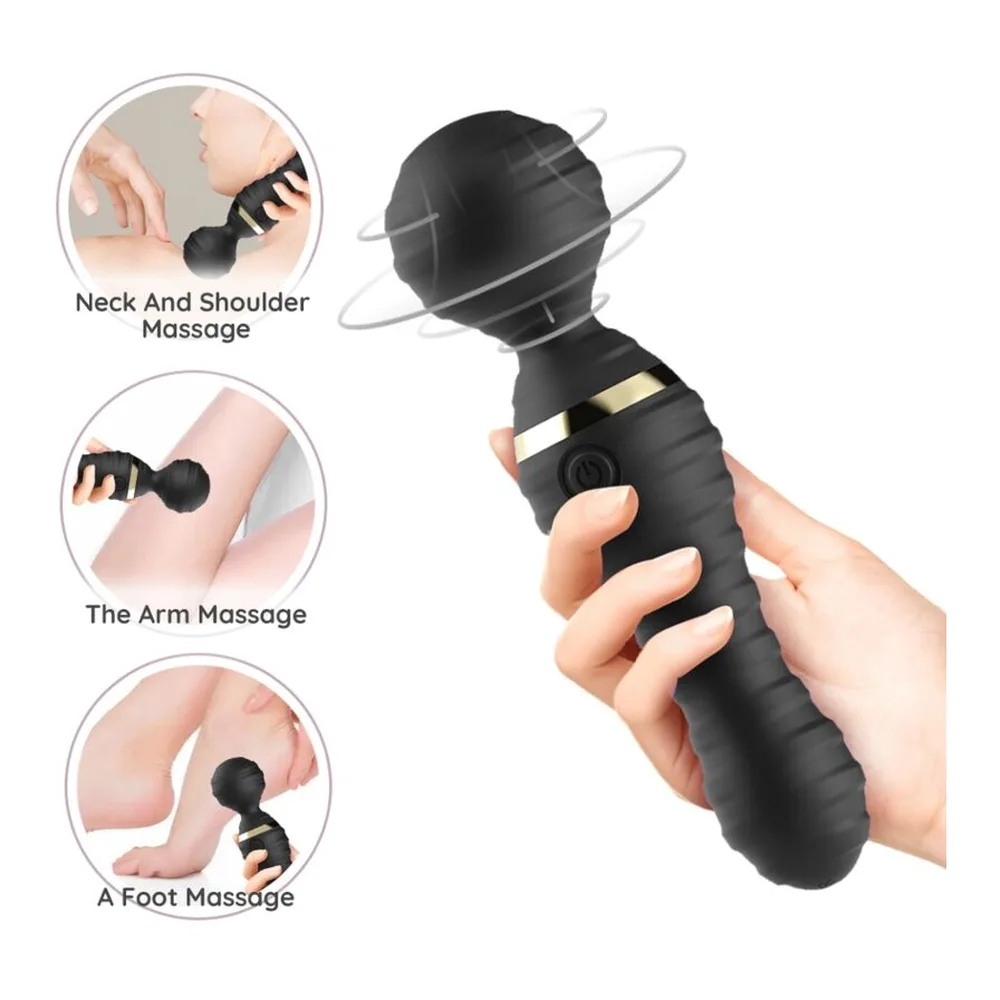 Masseur vibrateur noir en main avec tête sphérique et manche nervuré, démonstrations d'utilisation sur cou, bras et pied en encadrés