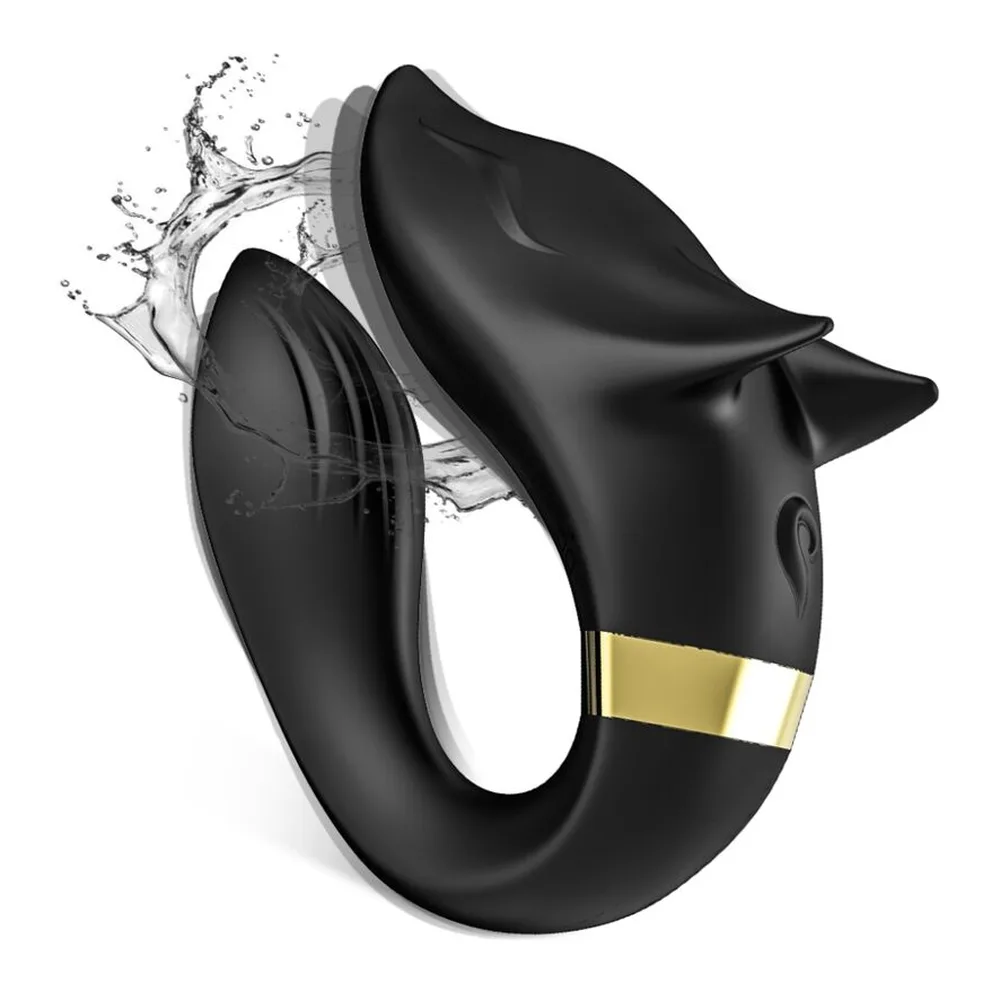 Schéma de dimensions du vibromasseur Fox en silicone noir avec anneau doré : vue de profil montrant 92mm de hauteur et 75mm de largeur, vue de face et détail de la largeur de 25mm