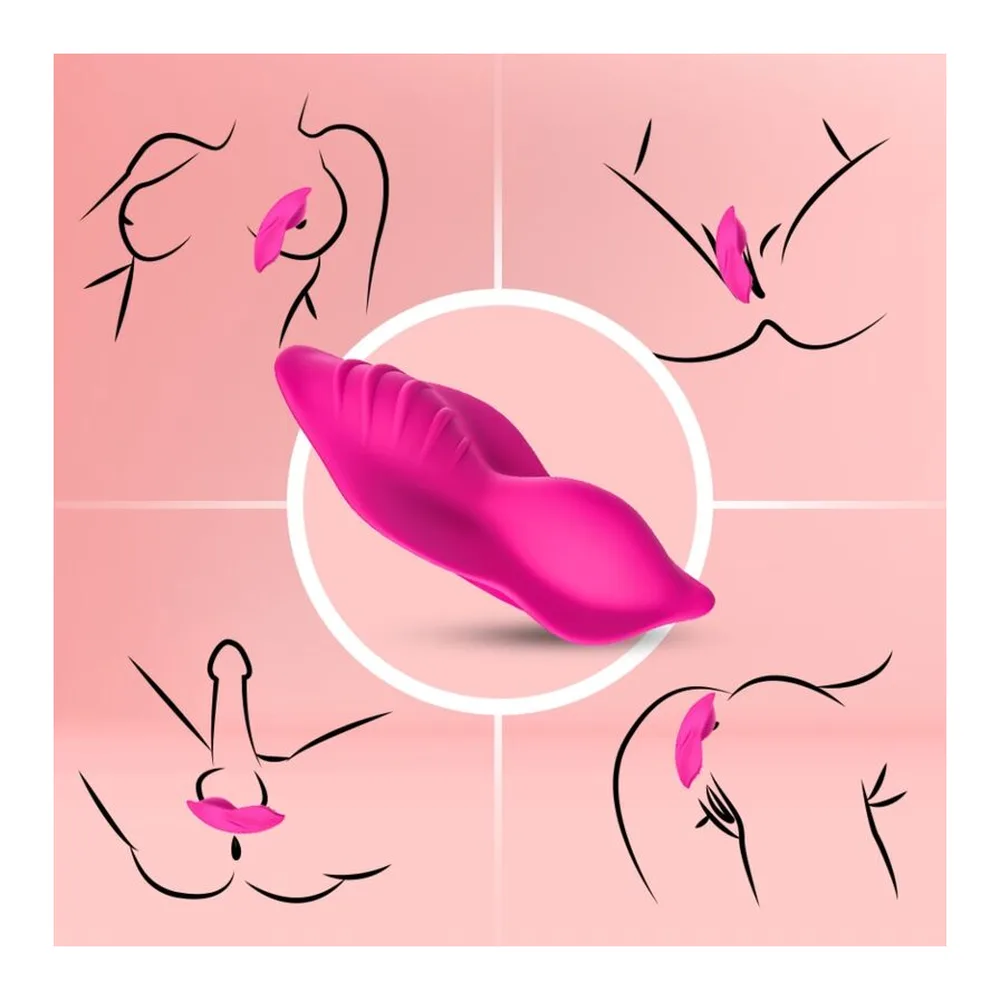 Schéma de dimensions d'un vibromasseur rose fuchsia en silicone, vue de face et de profil, montrant 50mm de hauteur, 27mm de largeur et 64mm de profondeur, avec bouton de contrôle et marquages de conformité