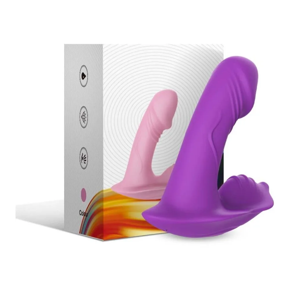 Schéma de dimensions d'un vibromasseur violet en silicone : vue de face montrant 50 mm de largeur et 50 mm de hauteur, avec bouton marche; profil latéral de 27 mm de largeur et 101 mm de hauteur avec télécommande filaire
