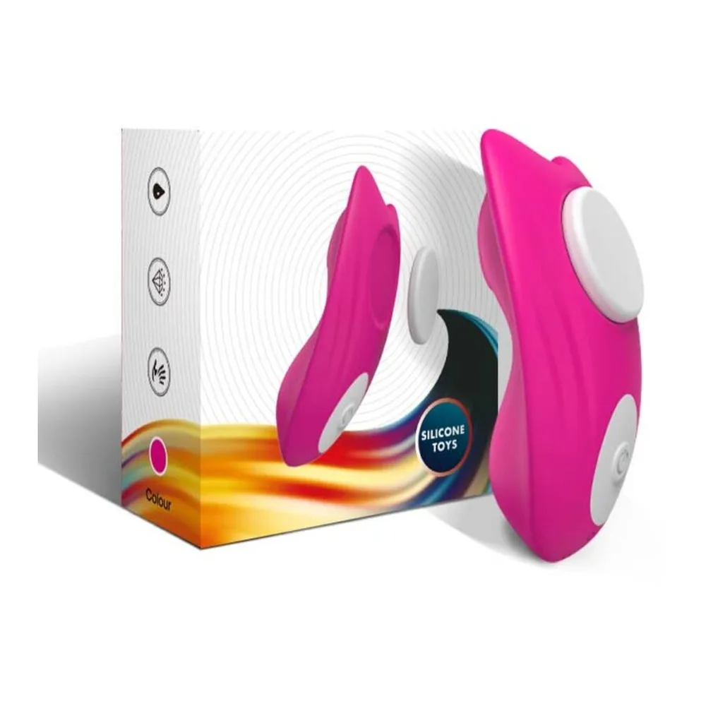 Emballage et stimulateur clitoridien papillon en silicone rose et violet avec télécommande sans fil, affichant les modes de vibration sur la boîte illustrée