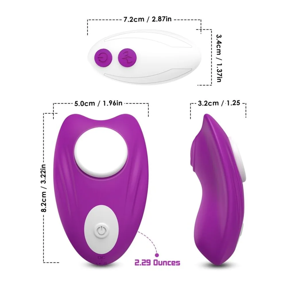Emballage et stimulateur clitoridien papillon en silicone rose et violet avec télécommande sans fil, affichant les modes de vibration sur la boîte illustrée