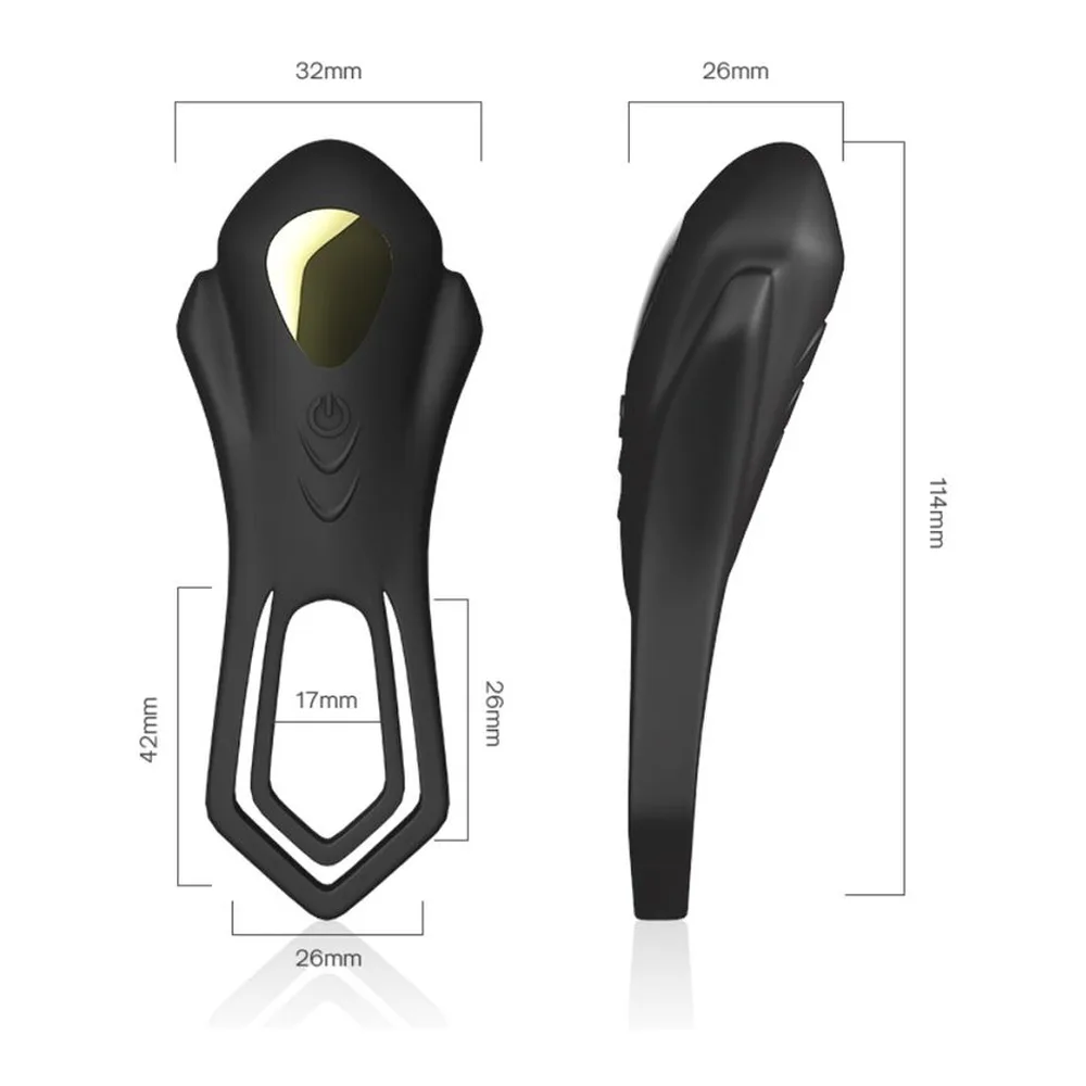 Double anneau vibrant noir en silicone avec télécommande sans fil, emballage blanc avec schéma de fonctionnement et indicateurs de contrôle