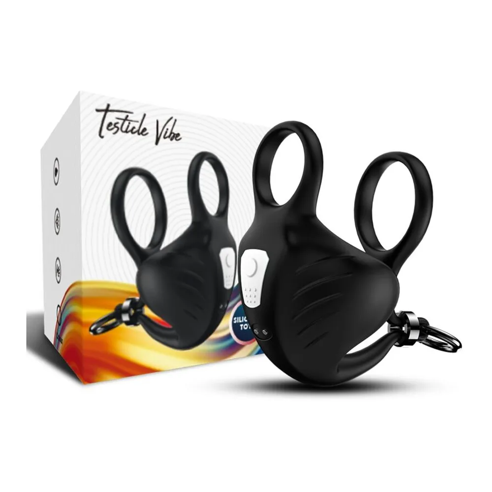 Anneau vibrant noir avec base ergonomique, montré en perspective avec deux schémas détaillant l'ajustement au scrotum, sur fond blanc