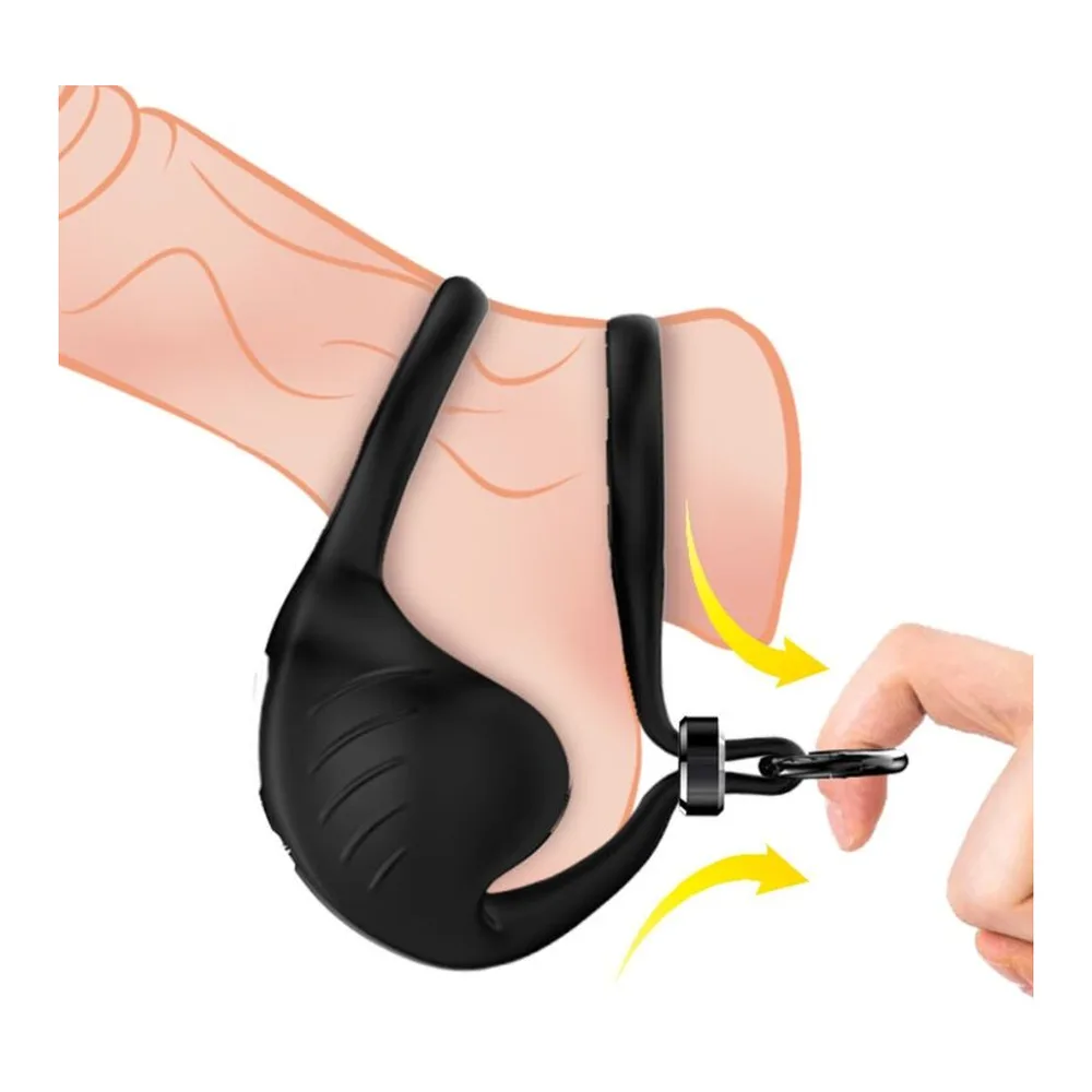 Anneau vibromasseur noir en silicone avec anses ergonomiques, accompagné d'une télécommande sans fil noire avec boutons de commande