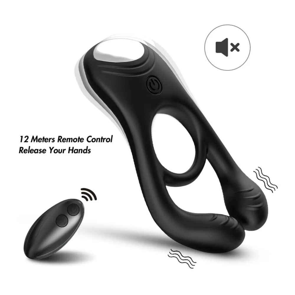 Emballage et produit d'un vibromasseur anneau noir avec deux moteurs, en silicone, télécommande visible sur la boîte de présentation aux teintes chaudes