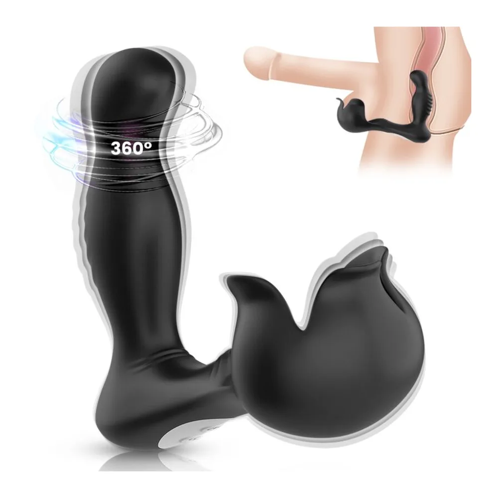 Stimulateur de prostate noir avec tige rotative et poche avant, tête sphérique 360°, télécommande et schémas d'utilisation sur fond blanc