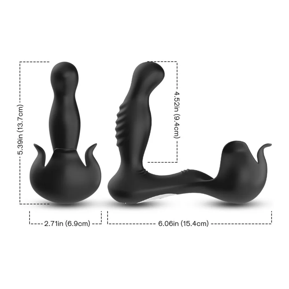 Stimulateur de prostate noir avec tige rotative et poche avant, tête sphérique 360°, télécommande et schémas d'utilisation sur fond blanc
