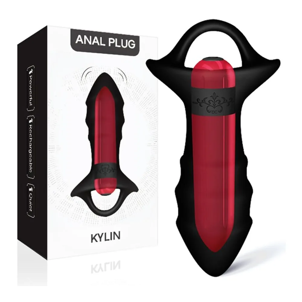 Vibrateur anal noir avec boucle ergonomique et boule rouge interne, accompagné de sa télécommande noire sans fil affichant des ondes de contrôle