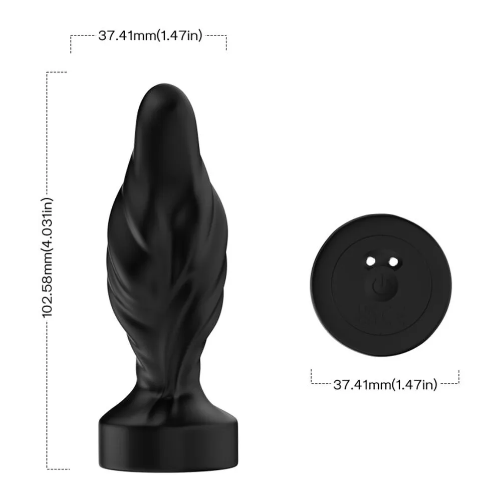 Plug anal noir en silicone avec base plate, accompagné d'une télécommande sans fil noire à deux boutons, sur fond blanc