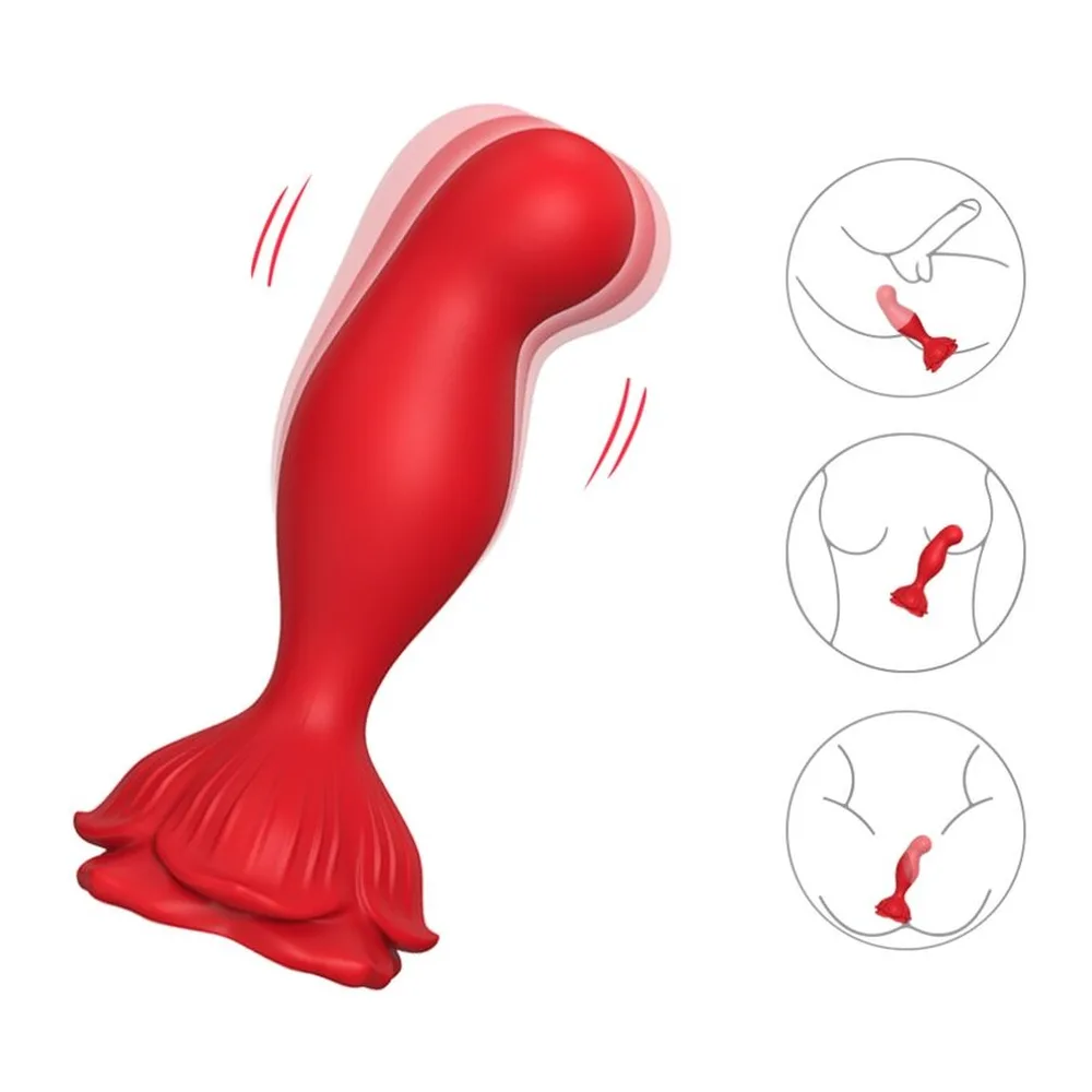 Plug anal rouge à tête inclinée et base en forme de rose, avec schémas d'utilisation et symboles de vibration, présenté en rendu 3D