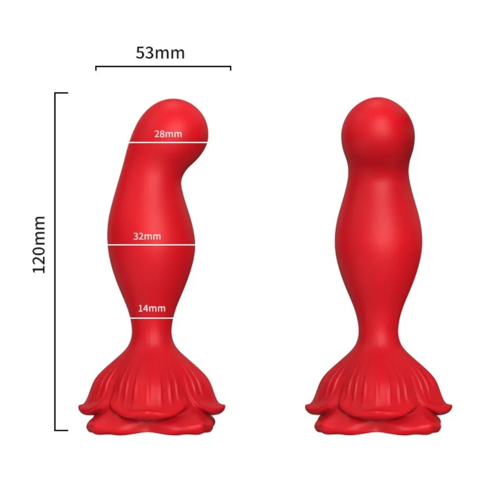 Plug anal rouge à tête inclinée et base en forme de rose, avec schémas d'utilisation et symboles de vibration, présenté en rendu 3D