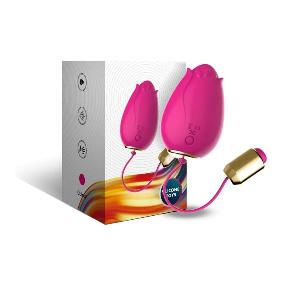 Deux œufs vibrants rose fuchsia en silicone avec formes de pétales, reliés par un cordon rose et or à une télécommande grise, présentés avec leur boîte colorée