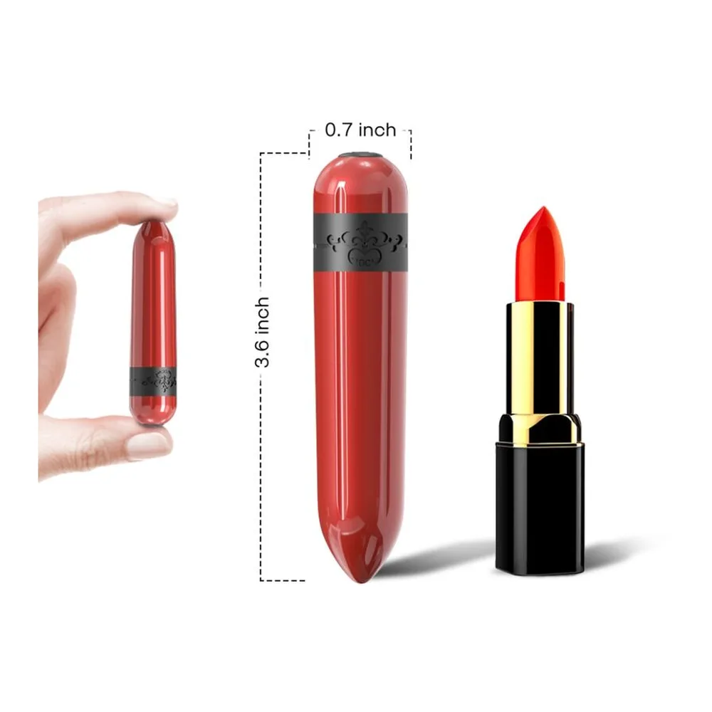 Vibrateur bullet rouge vif de 3,6 pouces avec bandeau noir, montré en main, avec schéma de dimensions et comparaison avec un rouge à lèvres noir et or