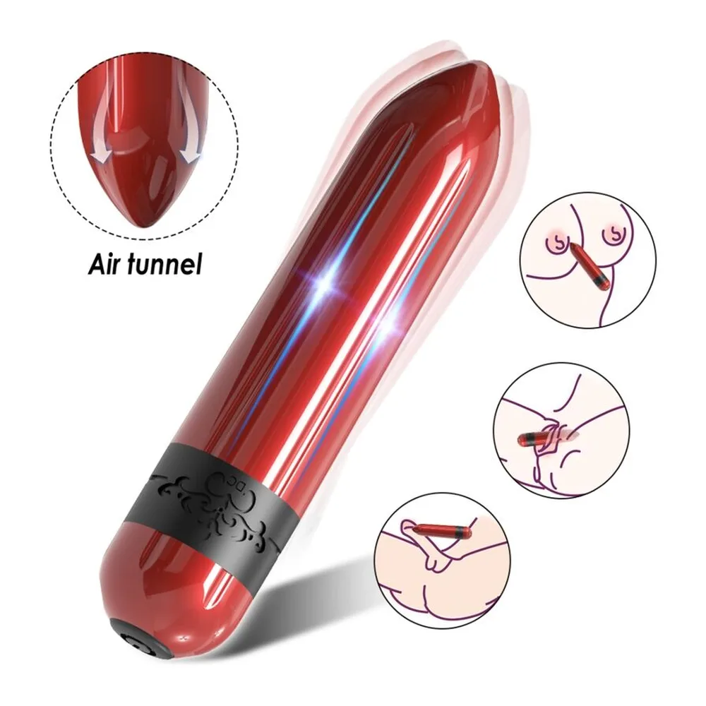 Vibrateur bullet rouge vif de 3,6 pouces avec bandeau noir, montré en main, avec schéma de dimensions et comparaison avec un rouge à lèvres noir et or