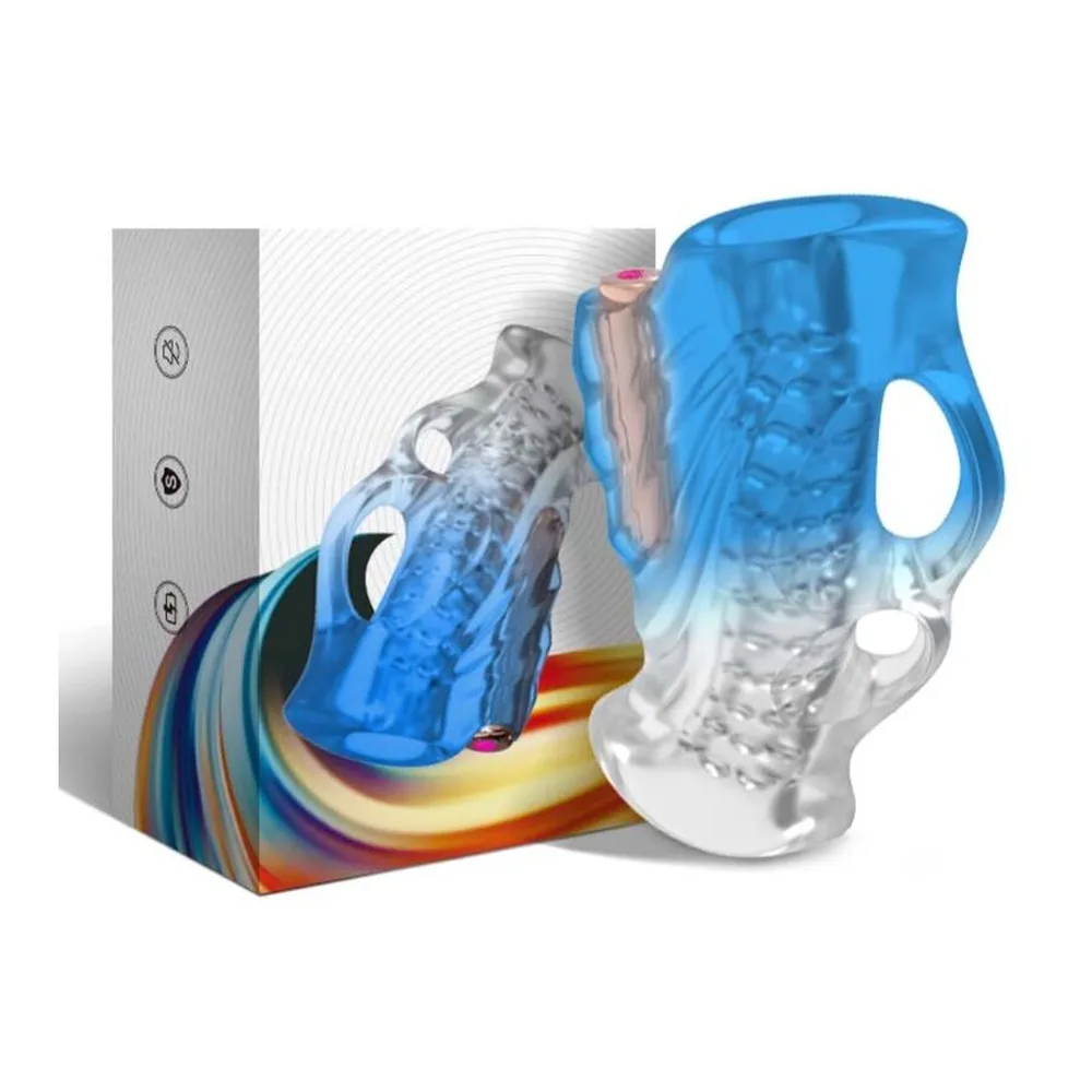 Masturbateur en silicone bleu transparent avec manche à anneau repose-doigt, présenté face à son emballage coloré rayé multicolore et à sa boîte grise