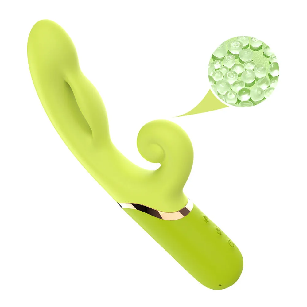 Vibromasseur vert anis en silicone avec tête gonflable et stimulateur clitoridien, détail en gros plan montrant la texture perlée de la tête