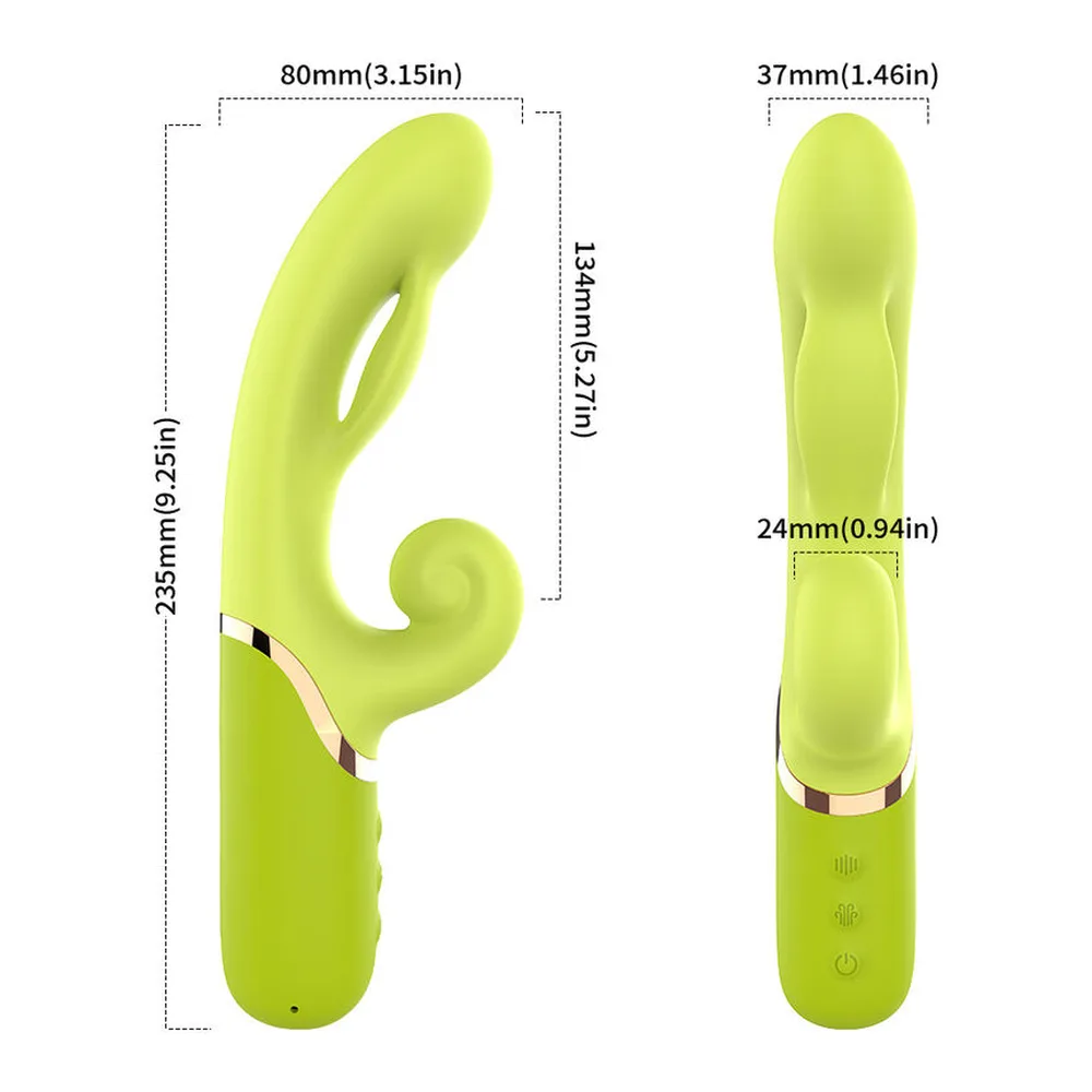 Vibromasseur vert anis en silicone avec tête gonflable et stimulateur clitoridien, détail en gros plan montrant la texture perlée de la tête