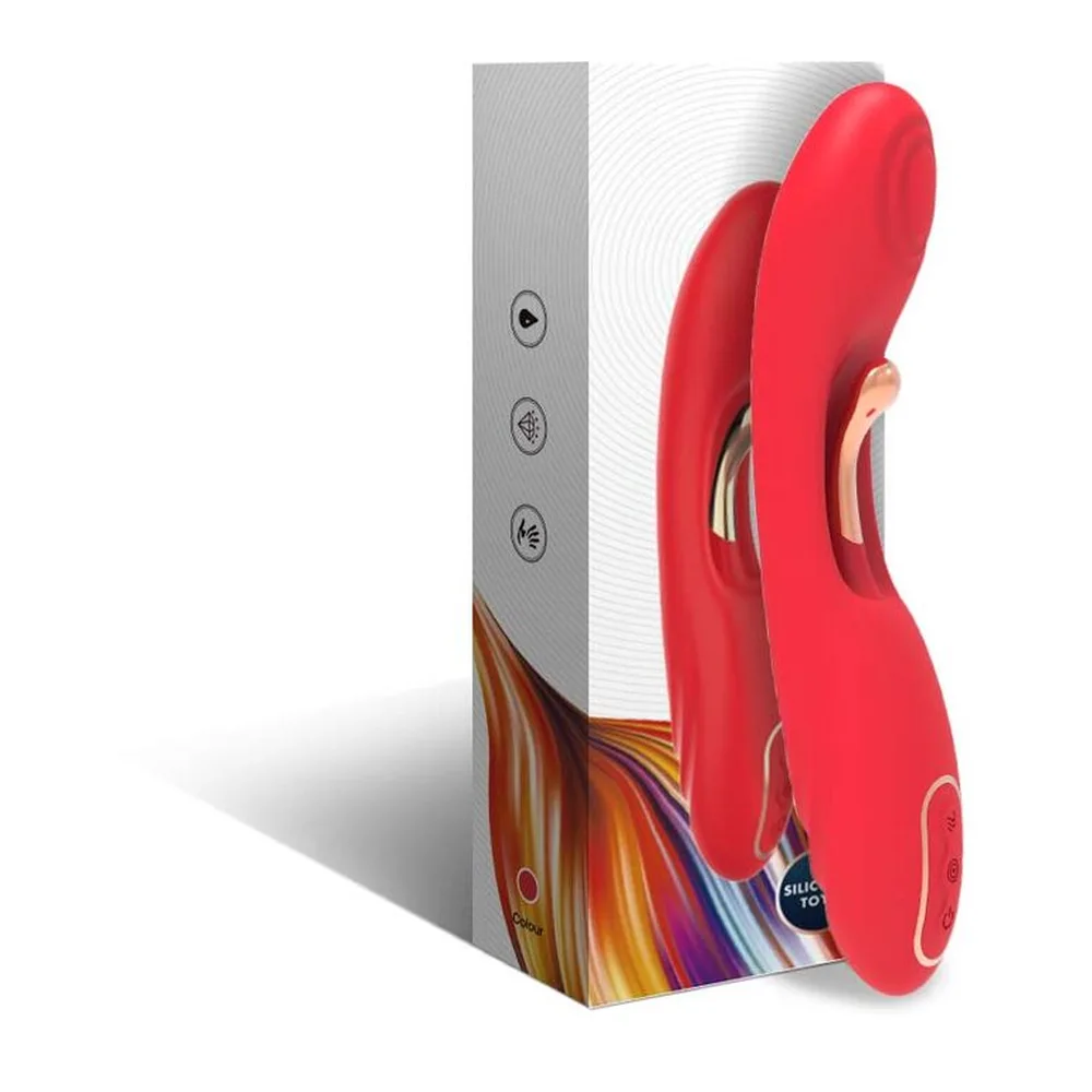 Vibromasseur langue oscillante rouge en silicone avec emballage, affichant trois boutons de commande sur le côté et motifs colorés sur la boîte